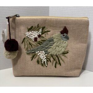 Mud Pie Embroidered crested Bird Canvas Pouch NWT cosmetic travel bag  neutral